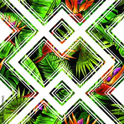 Papier peint  Seamless texture on the theme of the tropics, jungle from palm leaves, monstera, banana leaves, strelitzia and heliconia flowers with geometrical figures.