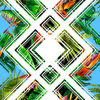 Papier peint  Seamless texture on the theme of the tropics, jungle from palm leaves, monstera, banana leaves, strelitzia and heliconia flowers with geometrical figures.