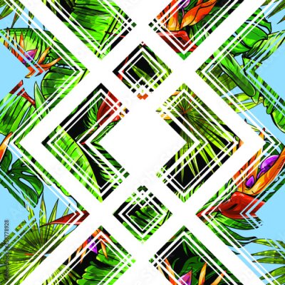 Papier peint  Seamless texture on the theme of the tropics, jungle from palm leaves, monstera, banana leaves, strelitzia and heliconia flowers with geometrical figures.