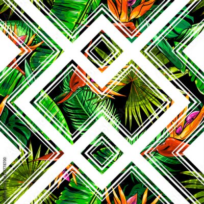 Papier peint  Seamless texture on the theme of the tropics, jungle from palm leaves, monstera, banana leaves, strelitzia and heliconia flowers with geometrical figures.