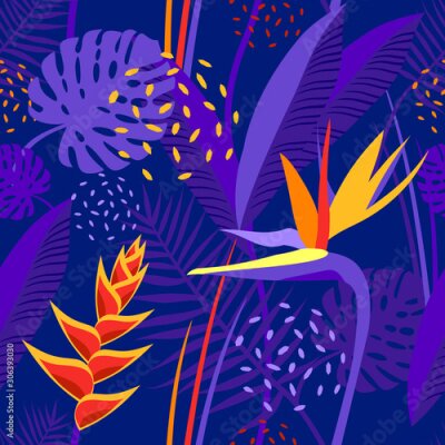 Papier peint  Seamless texture, pattern with tropical flowers and leaves, plants. Garden of Eden, forest, jungle. Print with monstera, heliconia, strelitzia, palm. Purple, yellow, orange, blue colors.