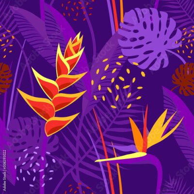 Papier peint  Seamless texture, pattern with tropical flowers and leaves, plants. Garden of Eden, forest, jungle. Print with monstera, heliconia, strelitzia, palm. Purple, yellow, orange colors.