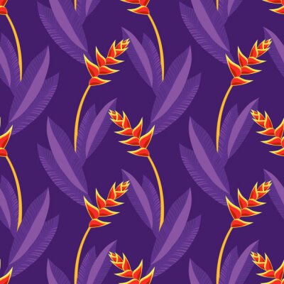 Papier peint  Seamless texture, pattern with tropical flowers and leaves, plants. Garden of Eden, forest, jungle. Print with monstera, heliconia, strelitzia, palm. Purple, yellow, orange colors.