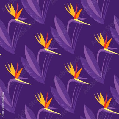 Papier peint  Seamless texture, pattern with tropical flowers and leaves, plants. Garden of Eden, forest, jungle. Print with monstera, heliconia, strelitzia, palm. Purple, yellow, orange colors.