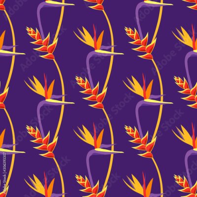 Papier peint  Seamless texture, pattern with tropical flowers and leaves, plants. Garden of Eden, forest, jungle. Print with monstera, heliconia, strelitzia, palm. Purple, yellow, orange colors.
