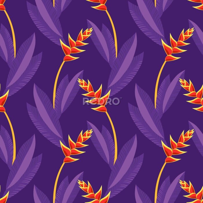 Papier peint  Seamless texture, pattern with tropical flowers and leaves, plants. Garden of Eden, forest, jungle. Print with monstera, heliconia, strelitzia, palm. Purple, yellow, orange colors.