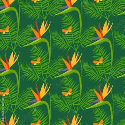 Papier peint  Seamless texture, pattern with tropical flowers and leaves, plants. Garden of Eden, forest, jungle. Print with monstera, heliconia, strelitzia, palm. Purple, yellow, orange, green colors.
