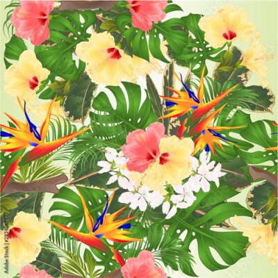 Papier peint  Seamless texture tropical background   Bouquet with tropical flowers Strelitzia and  pink and yellow hibiscus palm,philodendron and ficus vintage vector illustration editable hand draw