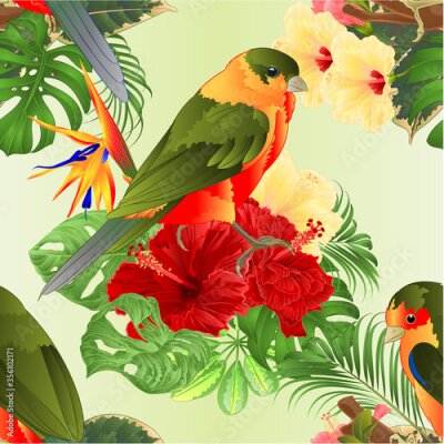 Papier peint  Seamless texture tropical birds   bouquet with tropical flowers hibiscus Strelitzia reginae  palm,philodendron on green  background watercolor vintage vector illustration editable hand draw