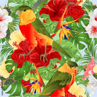 Papier peint  Seamless texture   tropical birds cute small  funny  and various  hibiscus and Strelitzia reginae monstera palm watercolor style vintage vector illustration hand draw editable