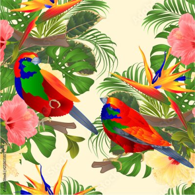 Papier peint  Seamless texture   tropical birds Euplectes and tropical flowers  pink and yellow hibiscus and Strelitzia palm,philodendron and ficus vintage vector illustration  editable hand draw