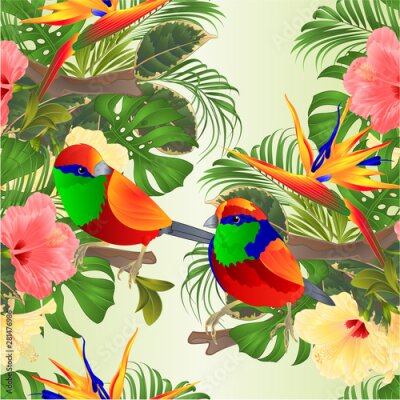 Papier peint  Seamless texture   tropical birds tropical flowers  pink and yellow hibiscus and Strelitzia palm,philodendron and ficus vintage vector illustration  editable hand draw 