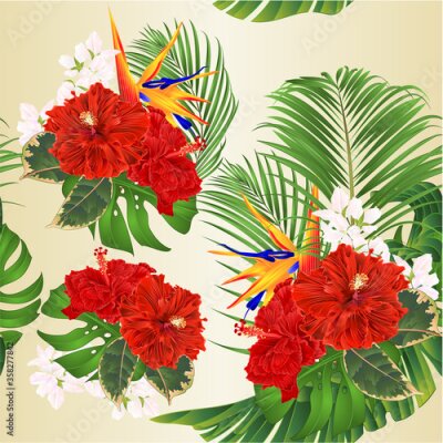 Papier peint  Seamless texture tropical flowers bouquet with red hibiscus and   Strelitzia reginae  palm monstera leaf banana  vintage vector illustration edizable hand draw
