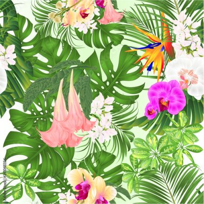 Papier peint  Seamless texture tropical flowers   yellow white and purple  orchid Phalaenopsis with  Brugmansia  Strelitzia reginae palm monstera leaf banana  vintage vector illustration editable hand draw