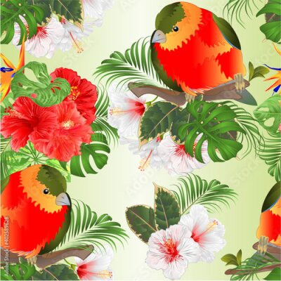 Papier peint  Seamless texture tropical funny bird  with tropical flowers   Strelitzia and pink and white hibiscus   palm,philodendron and Schefflera and Monstera watercolor vintage vector illustration
