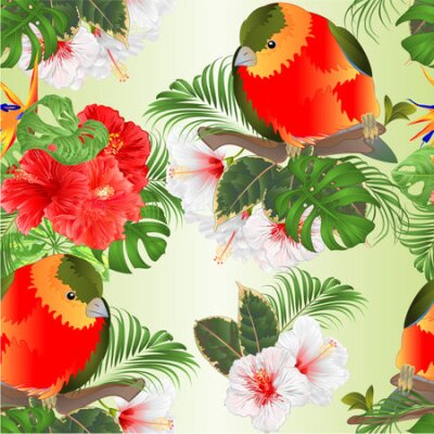 Papier peint  Seamless texture tropical funny bird  with tropical flowers   Strelitzia and pink and white hibiscus   palm,philodendron and Schefflera and Monstera watercolor vintage vector illustration  editable ha