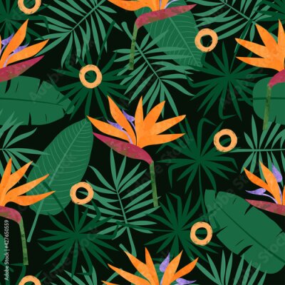 Papier peint  Seamless tropic pattern with strelitzia flowers and leaves. Vector tropical background