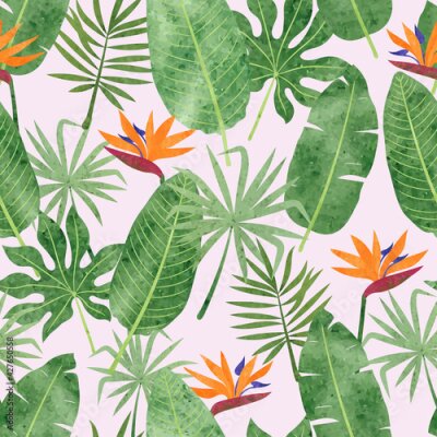 Papier peint  Seamless tropic pattern with watercolor strelitzia flowers and leaves. Vector tropical background