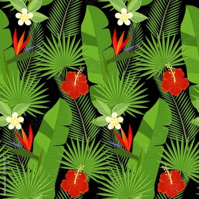 Papier peint  Seamless, tropical, feuilles, fleurs, paume, monstera, hibiscus, plumeria, strelitzia, reginae