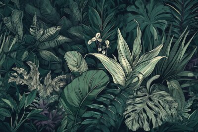 Papier peint  Seamless tropical floral design with hand-painted watercolor plants from the wild. Typical stock art, generative AI