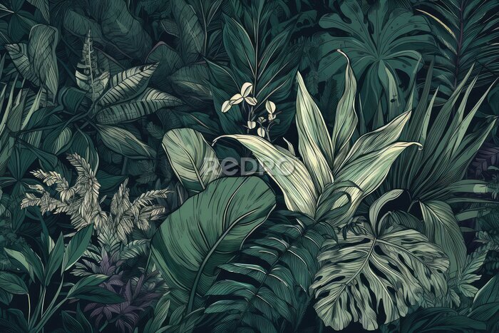 Papier peint  Seamless tropical floral design with hand-painted watercolor plants from the wild. Typical stock art, generative AI