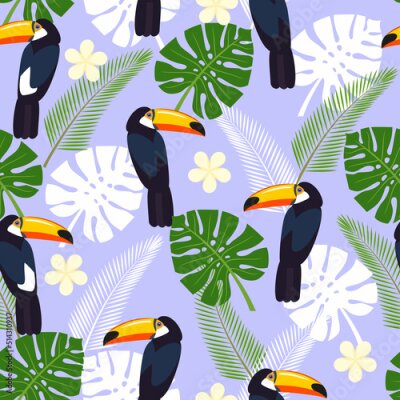 Papier peint  seamless tropical leaves and flowers - palm, monstera, hibiscus and plumeria, strelitzia reginae and tropical birds