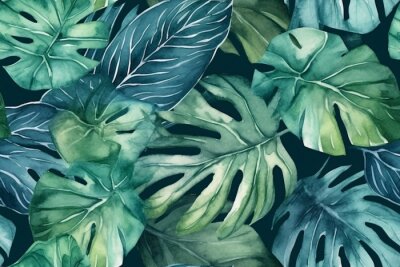 Papier peint  Seamless tropical leaves background. Monstera, strelitzia, palms. Watercolor jungle pattern. Generative ai.