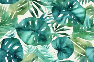 Papier peint  Seamless tropical leaves background. Monstera, strelitzia, palms. Watercolor jungle pattern. Generative ai.