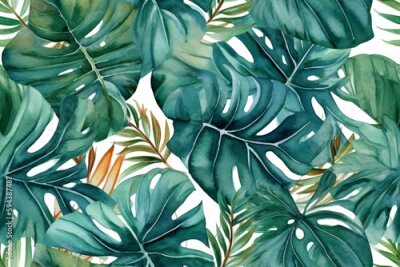 Papier peint  Seamless tropical leaves background. Monstera, strelitzia, palms. Watercolor jungle pattern. Generative ai.