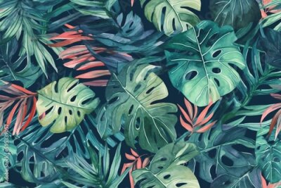 Papier peint  Seamless tropical leaves background. Monstera, strelitzia, palms. Watercolor jungle pattern. Generative ai.