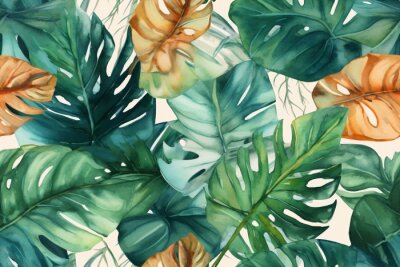 Papier peint  Seamless tropical leaves background. Monstera, strelitzia, palms. Watercolor jungle pattern. Generative ai.