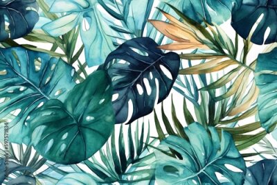Papier peint  Seamless tropical leaves background. Monstera, strelitzia, palms. Watercolor jungle pattern. Generative ai.
