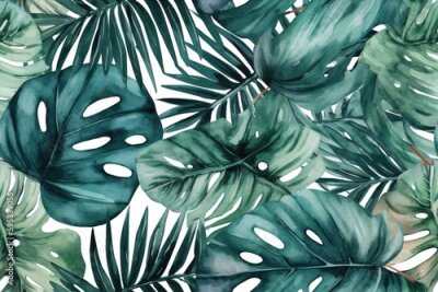 Papier peint  Seamless tropical leaves background. Monstera, strelitzia, palms. Watercolor jungle pattern. Generative ai.