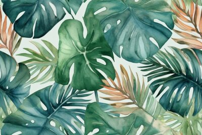 Papier peint  Seamless tropical leaves background. Monstera, strelitzia, palms. Watercolor jungle pattern. Generative ai.