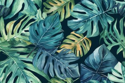 Papier peint  Seamless tropical leaves background. Monstera, strelitzia, palms. Watercolor jungle pattern. Generative ai.