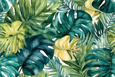Papier peint  Seamless tropical leaves background. Monstera, strelitzia, palms. Watercolor jungle pattern. Generative ai.
