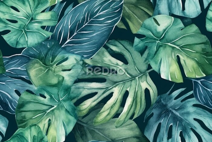 Papier peint  Seamless tropical leaves background. Monstera, strelitzia, palms. Watercolor jungle pattern. Generative ai.