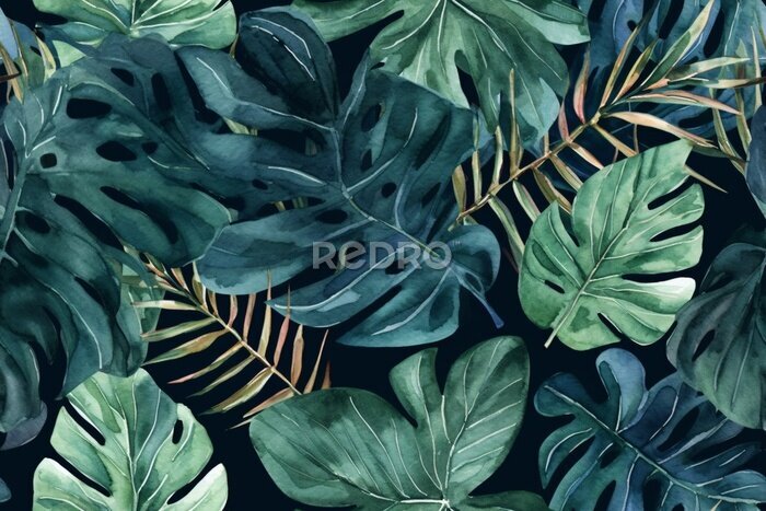 Papier peint  Seamless tropical leaves background. Monstera, strelitzia, palms. Watercolor jungle pattern. Generative ai.
