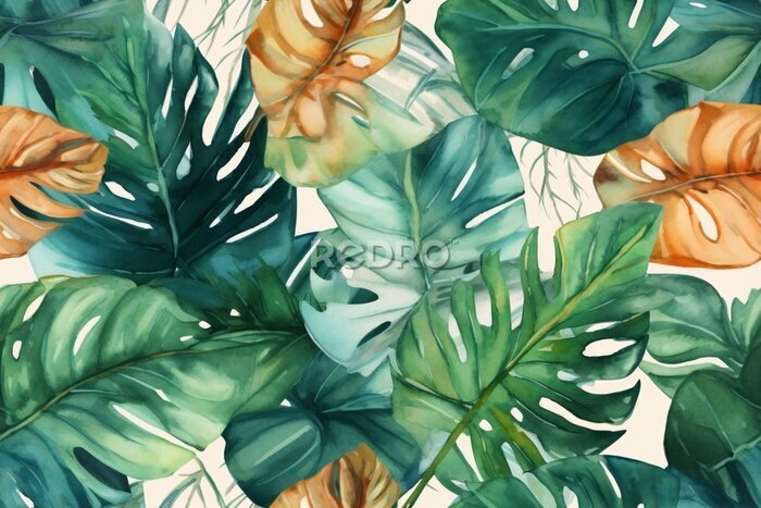 Papier peint  Seamless tropical leaves background. Monstera, strelitzia, palms. Watercolor jungle pattern. Generative ai.