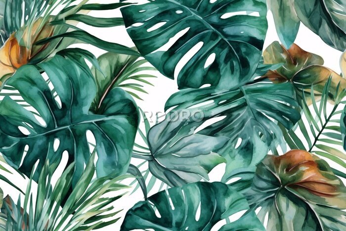 Papier peint  Seamless tropical leaves background. Monstera, strelitzia, palms. Watercolor jungle pattern. Generative ai.