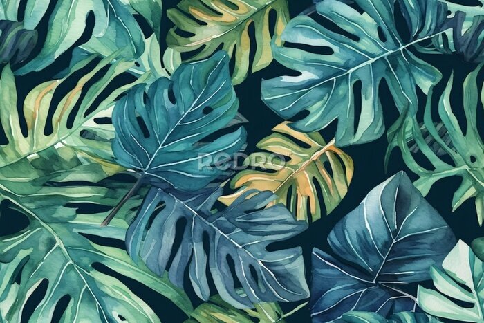 Papier peint  Seamless tropical leaves background. Monstera, strelitzia, palms. Watercolor jungle pattern. Generative ai.