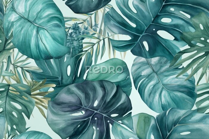 Papier peint  Seamless tropical leaves background. Monstera, strelitzia, palms. Watercolor jungle pattern. Generative ai.