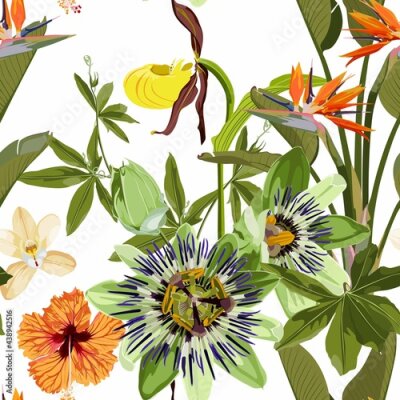Papier peint  Seamless tropical palm leaves, Passiflora, orchid, strelitzia flowers. Jungle leaves  floral pattern background.