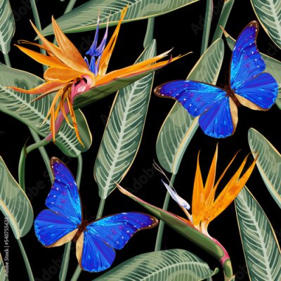 Papier peint  Seamless tropical pattern with blue butterfly, flowers and leaves of Strelitzia Reginae. Realistic style, neon colors. Exotic flowers, called the bird of paradise. Stock vector illustration.