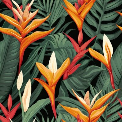 Papier peint  Seamless tropical pattern with flowers. tropical plants, simple, flat style, Strelitzia plant,
