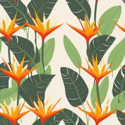 Papier peint  Seamless tropical pattern with flowers. tropical plants, simple, flat style, Strelitzia plant,