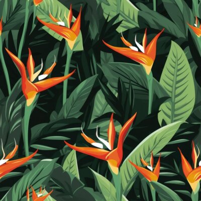 Papier peint  Seamless tropical pattern with flowers. tropical plants, simple, flat style, Strelitzia plant,