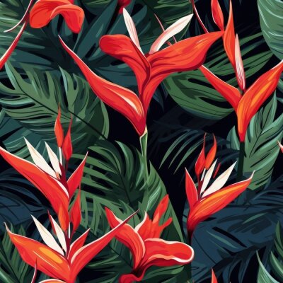 Papier peint  Seamless tropical pattern with flowers. tropical plants, simple, flat style, Strelitzia plant,
