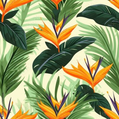 Papier peint  Seamless tropical pattern with flowers. tropical plants, simple, flat style, Strelitzia plant,