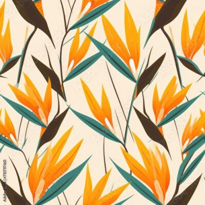 Papier peint  Seamless tropical pattern with flowers. tropical plants, simple, flat style, Strelitzia plant,